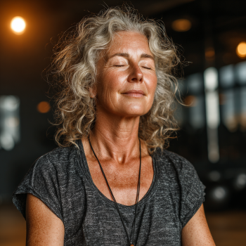 Idősebb hölgy jógázik nyugodt környezetben