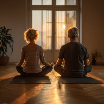 Csoportos jógaóra idősebb résztvevőkkel természetes környezetben